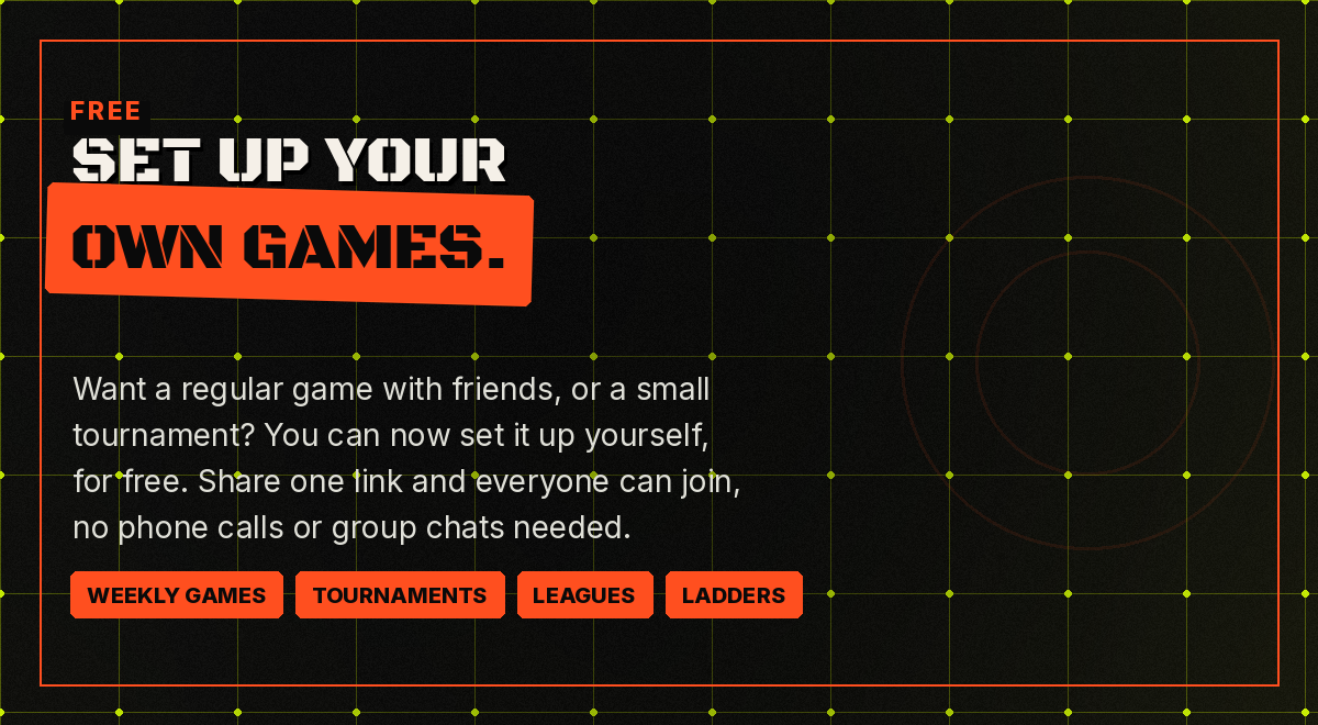 Free: set up your own games. Weekly games, tournaments, leagues and ladders.