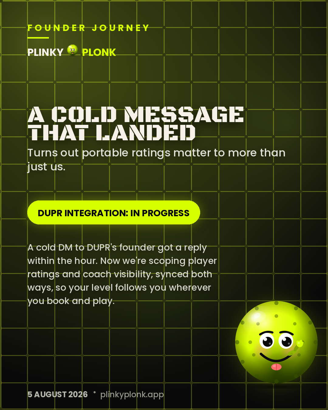 PLINKY PLONK founder journey graphic: A Cold Message That Landed, DUPR integration in progress
