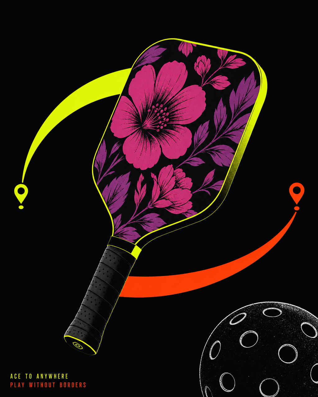 PLINKY PLONK founder journey graphic: floral EverSpin Roses paddle with US to UK flight arcs, marking our first brand partner Tisdell Pickleball