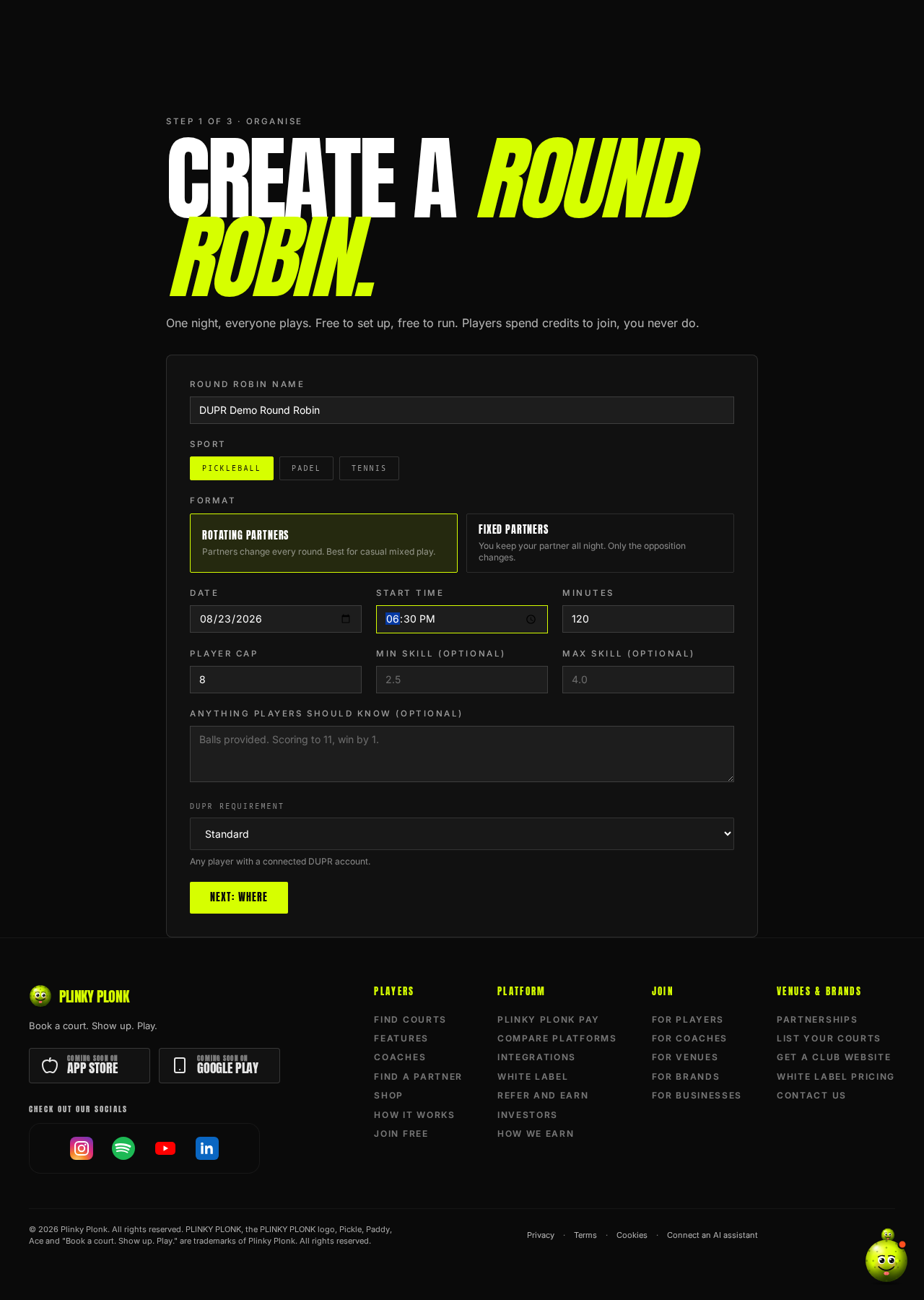PLINKY PLONK app screenshot: Create a round robin