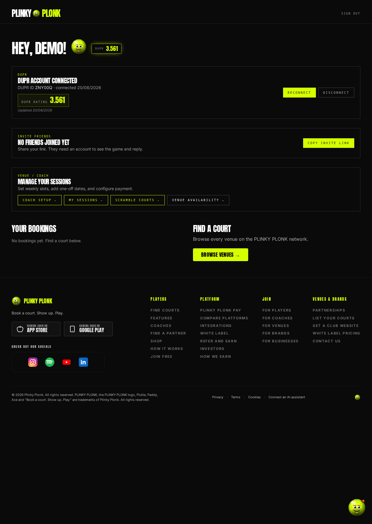 PLINKY PLONK app screenshot: DUPR connected