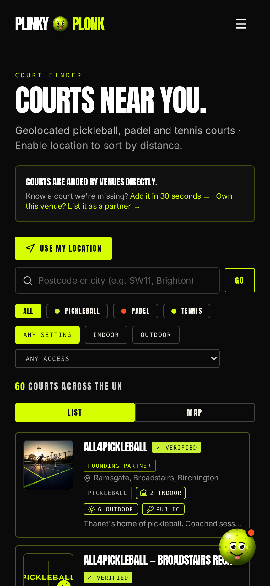 PLINKY PLONK app screenshot: Find your court home