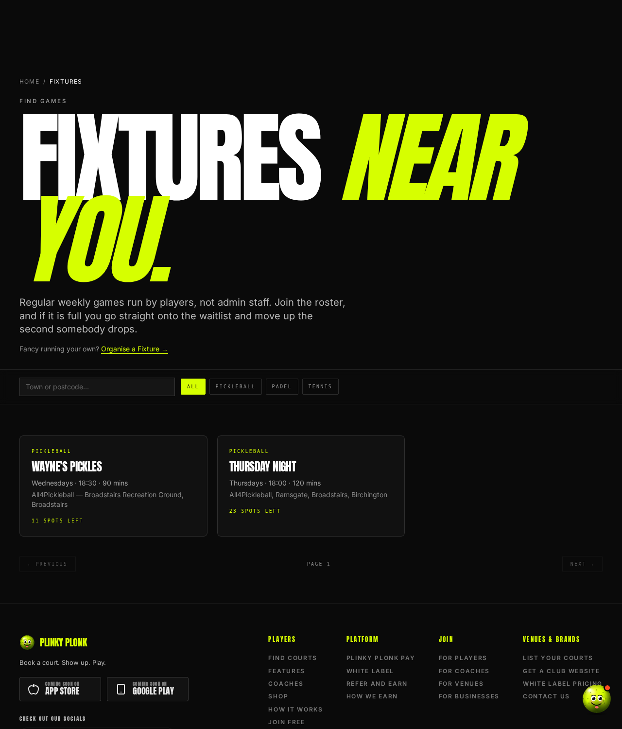 PLINKY PLONK app screenshot: Fixtures list