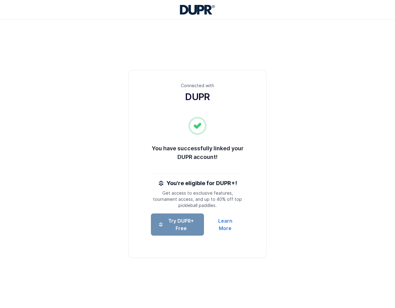 A DUPR account successfully linked to PLINKY PLONK